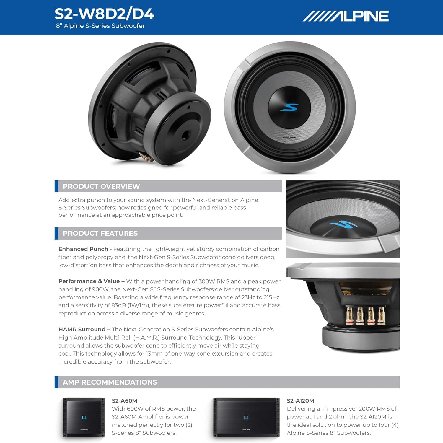 Alpine S2-W8D4 8" S-Series Dual 4 Ohm Car Subwoofer, 900W Max, 300W RMS