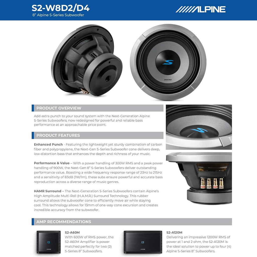 Alpine S2-W8D2 8" S-Series Dual 2 Ohm Car Subwoofer, 900W Max, 300W RMS