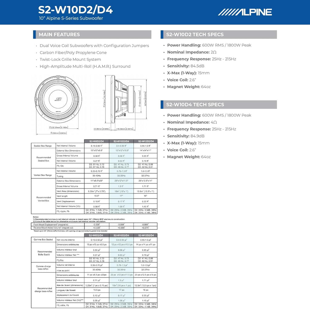 Alpine S2-W10D2 10" S-Series Dual 2 Ohm Car Subwoofer, 1800W Max, 600W RMS