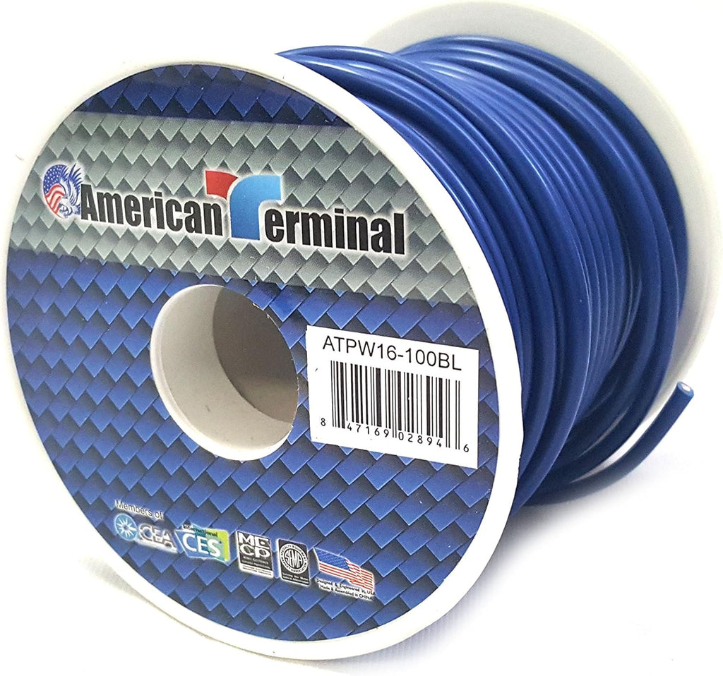 American Terminal ATPW16-100BL 16GA 100' Blue Primary Remote Power Ground Wire