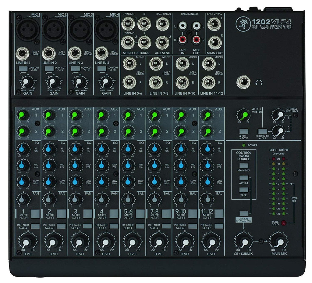 Mackie 1202VLZ4 12-channel Mixer with Ultra-wide 60dB gain range and Onyx Mic Preamps