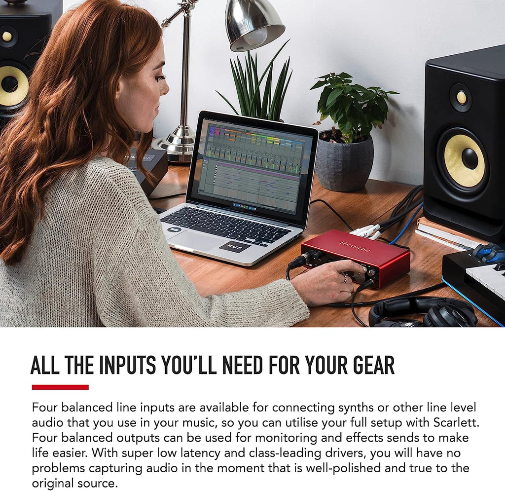 Focusrite Scarlett 2i2 Studio 4th Gen USB Audio Interface Bundle for the Songwriter with Condenser Microphone and Headphones for Recording, Streaming, and Podcasting