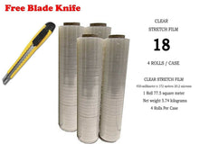 Load image into Gallery viewer, BM Paper 18" x 1500 Square Feet 80 Gauge 4 Rolls Pallet Wrap Stretch Film + BLADE