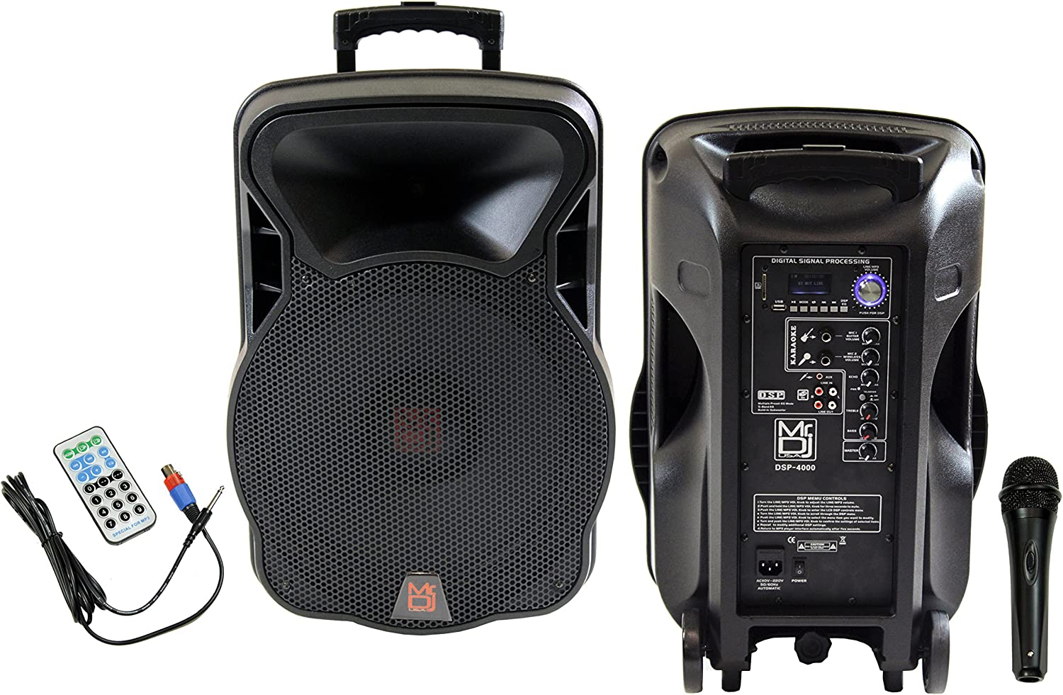 2 Mr. Dj DSP4000  15" 4000W Bluetooth DSP FM Radio USB Portable PA DJ Speaker & Stands Pair