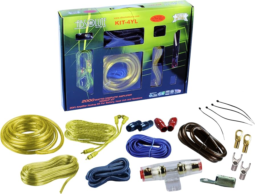 Absolute KIT4YL Complete PRO Marine Auto Car RV 4 Gauge 2000W Amplifier Complete Installation Amp Kit Power Wiring Yellow Accent Color Scheme