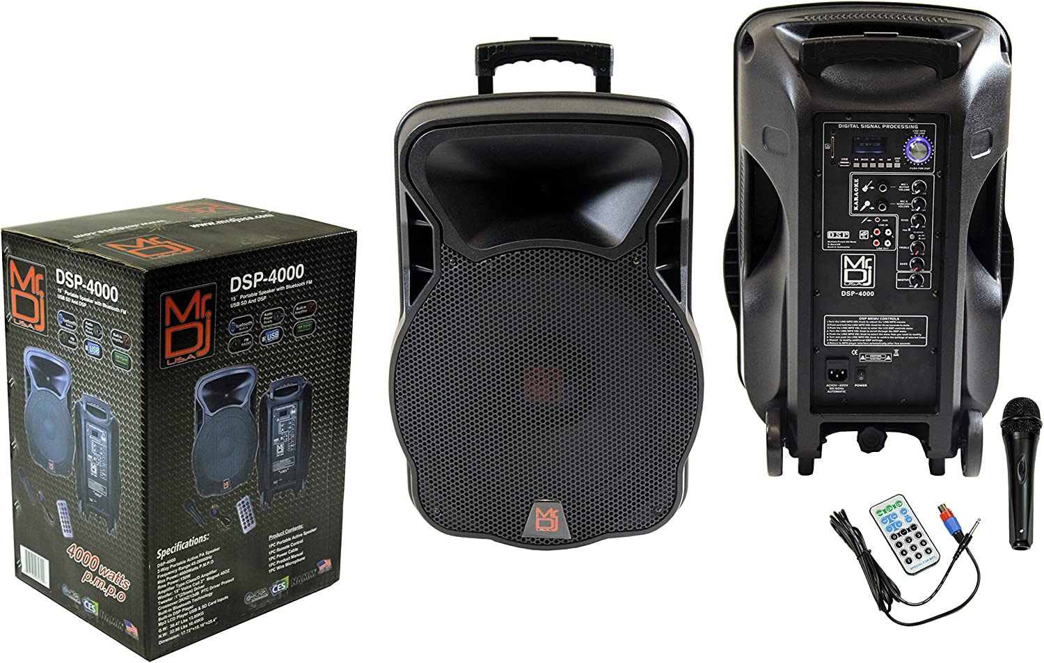 2 Mr. Dj DSP4000  15" 4000W Bluetooth DSP FM Radio USB Portable PA DJ Speaker & Stands Pair