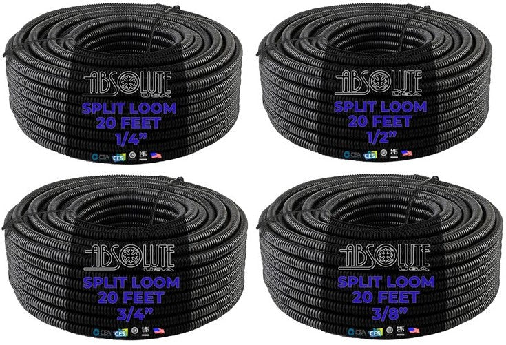 Absolute 4-Pack 1/4", 3/8", 1/2", 3/4" x 20 Feet Each Split Wire Loom Convoluted Tubing