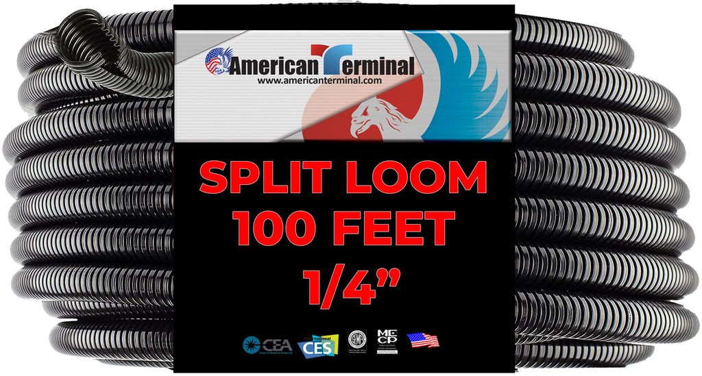 American Terminal Split Wire Loom Conduit Polyethylene Black Tubing 100 Ft 1/4"