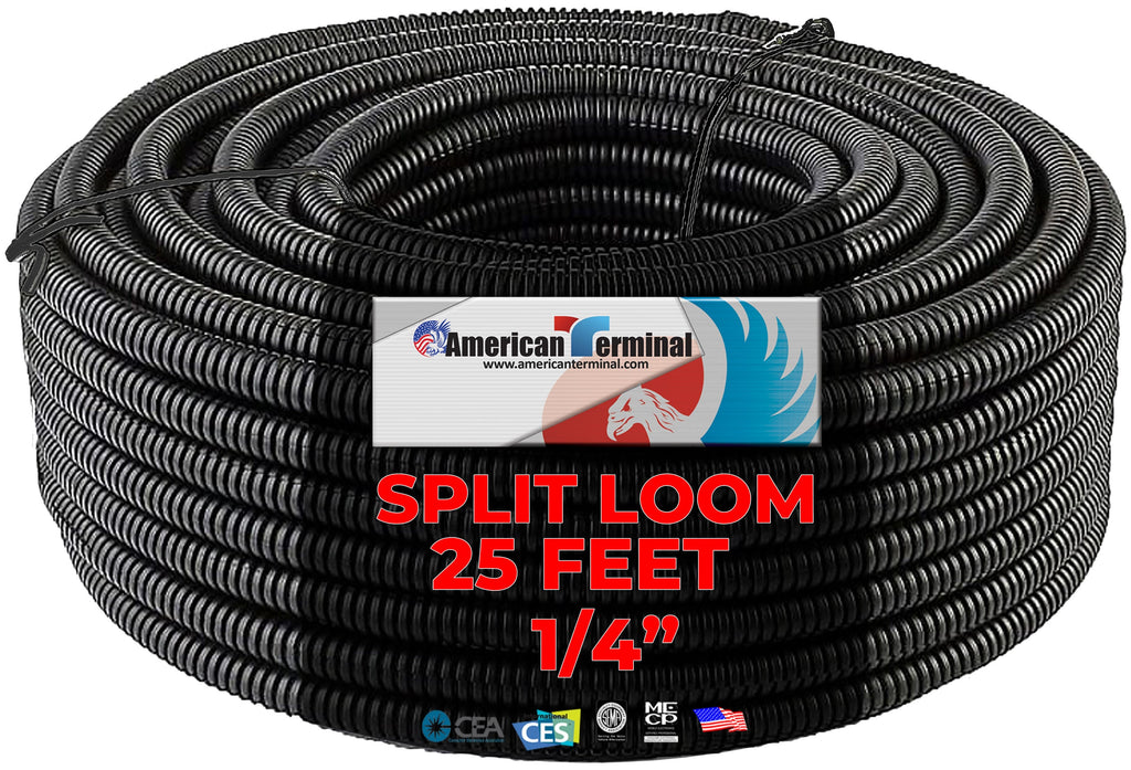 American Terminal 25 Ft 1/4" Split Wire Loom Conduit Polyethylene Tubing Black