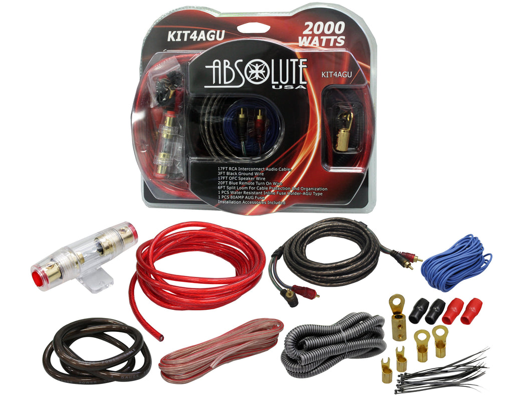Absolute KIT4AGU PRO Marine Auto Car RV Amplifier Complete Installation Amp Kit