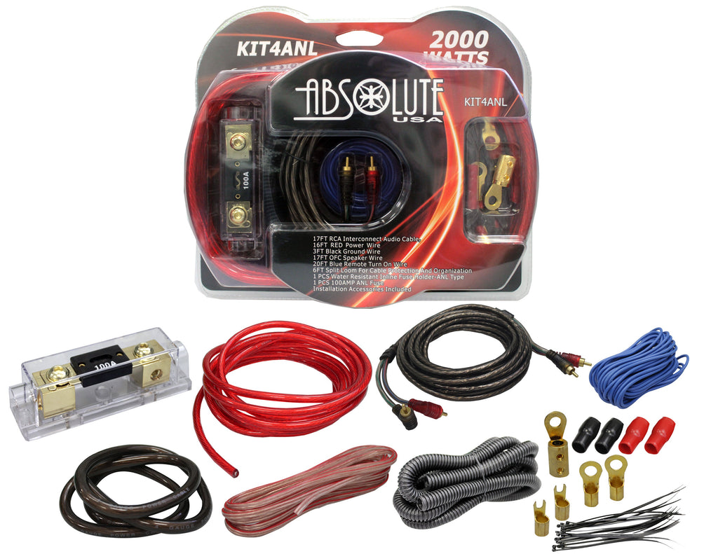 Absolute KIT4ANL PRO Marine Auto Car RV 4 Gauge 2000W ANL Amplifier Wiring Kit