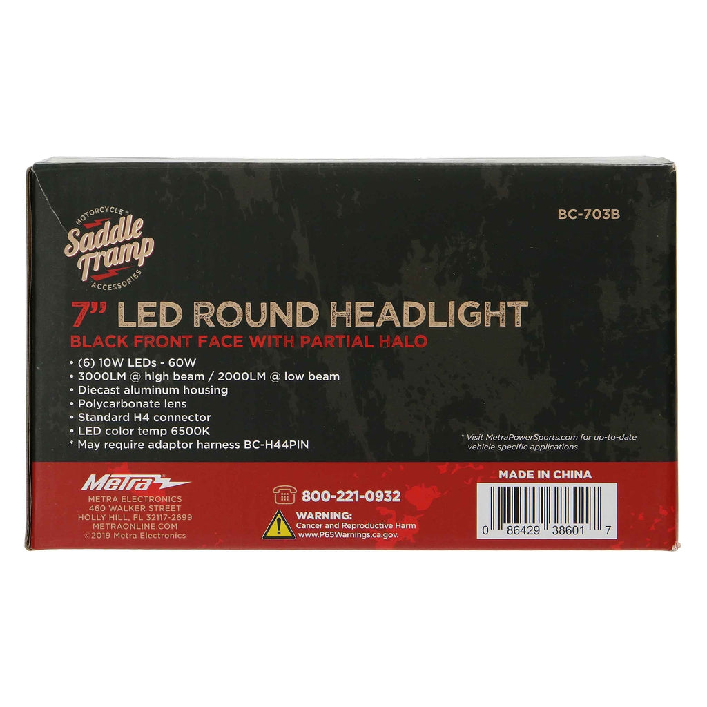 Saddle Tramp BC-703B Round Motorcycle Headlights with Black Face and Partial Halo - 7 Inch