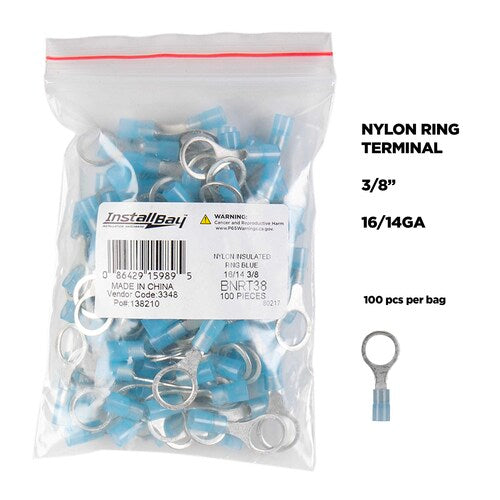Install Bay BNRT38 Blue Nylon Ring Terminals 16-14 GA 3/8 inch - Package of 100
