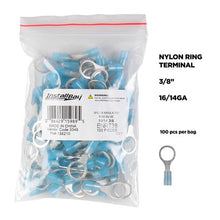 Load image into Gallery viewer, Install Bay BNRT38 Blue Nylon Ring Terminals 16-14 GA 3/8 inch - Package of 100