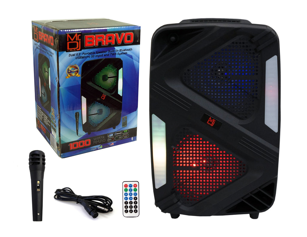 Mr. Dj BRAVO Dual 6.5" Portable Bluetooth Speaker Dual 6.5" Portable PA DJ Active Powered Bluetooth TWS Speaker 1000 Watts LCD/MP3/USB/micro SD