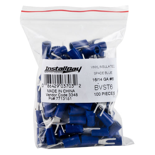 Install Bay BVST6 Blue Vinyl Spade Terminal 16-14 Gauge #6 Package of 100