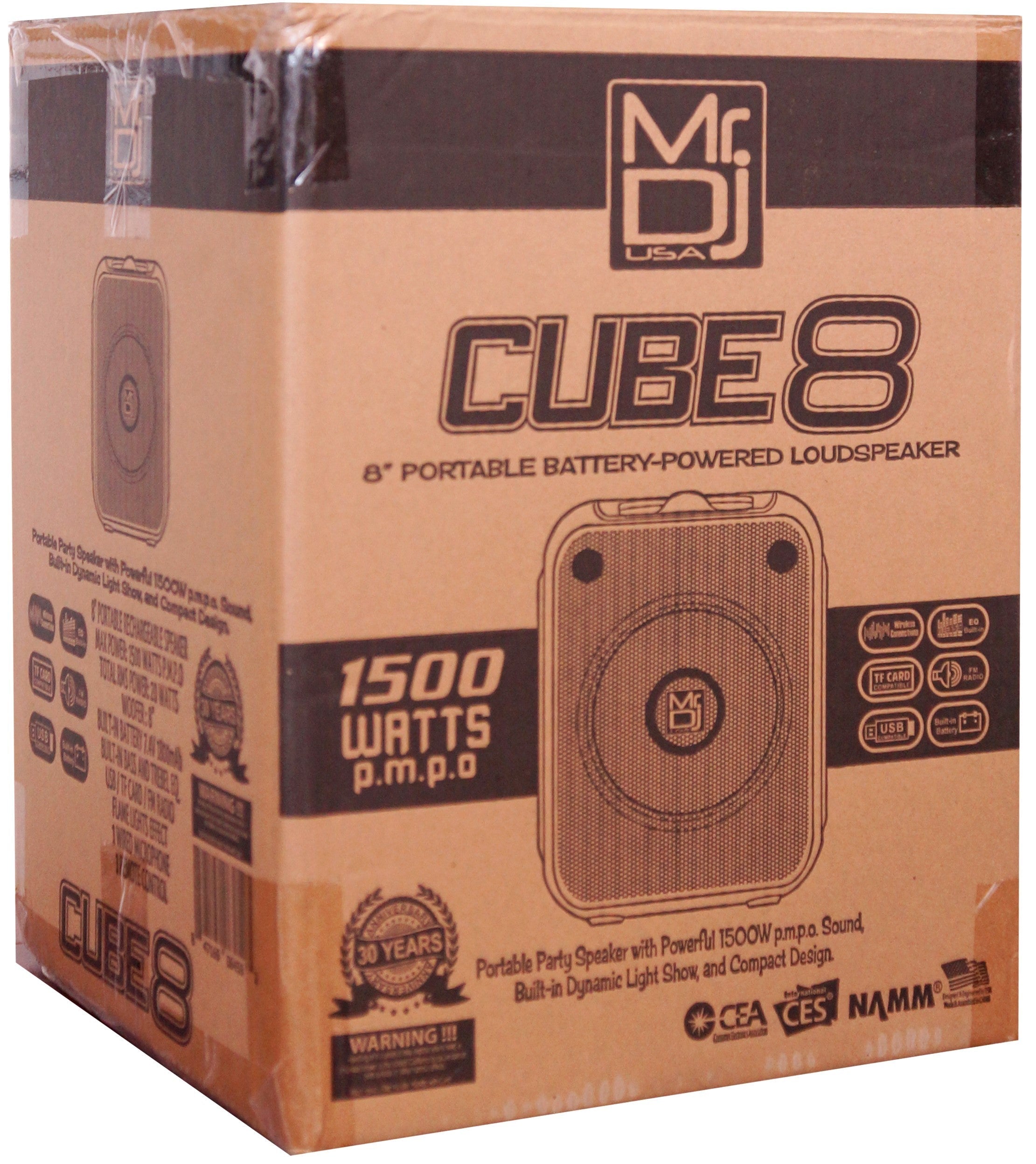 2 MR DJ CUBE8 8" Rechargeable Portable Bluetooth Karaoke Speaker with Party Flame Lights Microphone TWS USB FM Radio