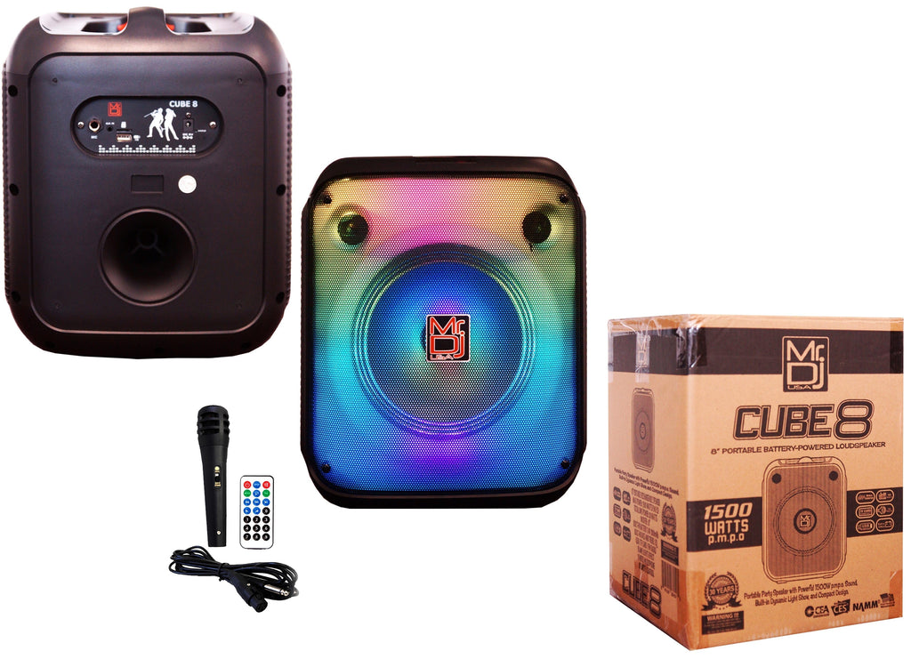 MR DJ CUBE8 8" Portable Karaoke Speaker Flame Lights Microphone TWS USB FM