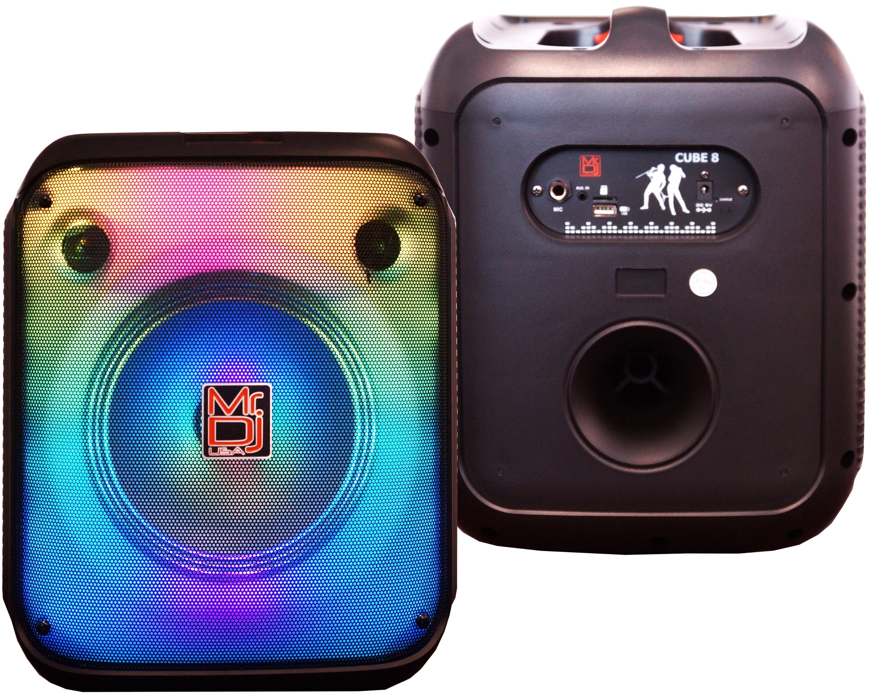 2 MR DJ CUBE8 8" Rechargeable Portable Bluetooth Karaoke Speaker with Party Flame Lights Microphone TWS USB FM Radio