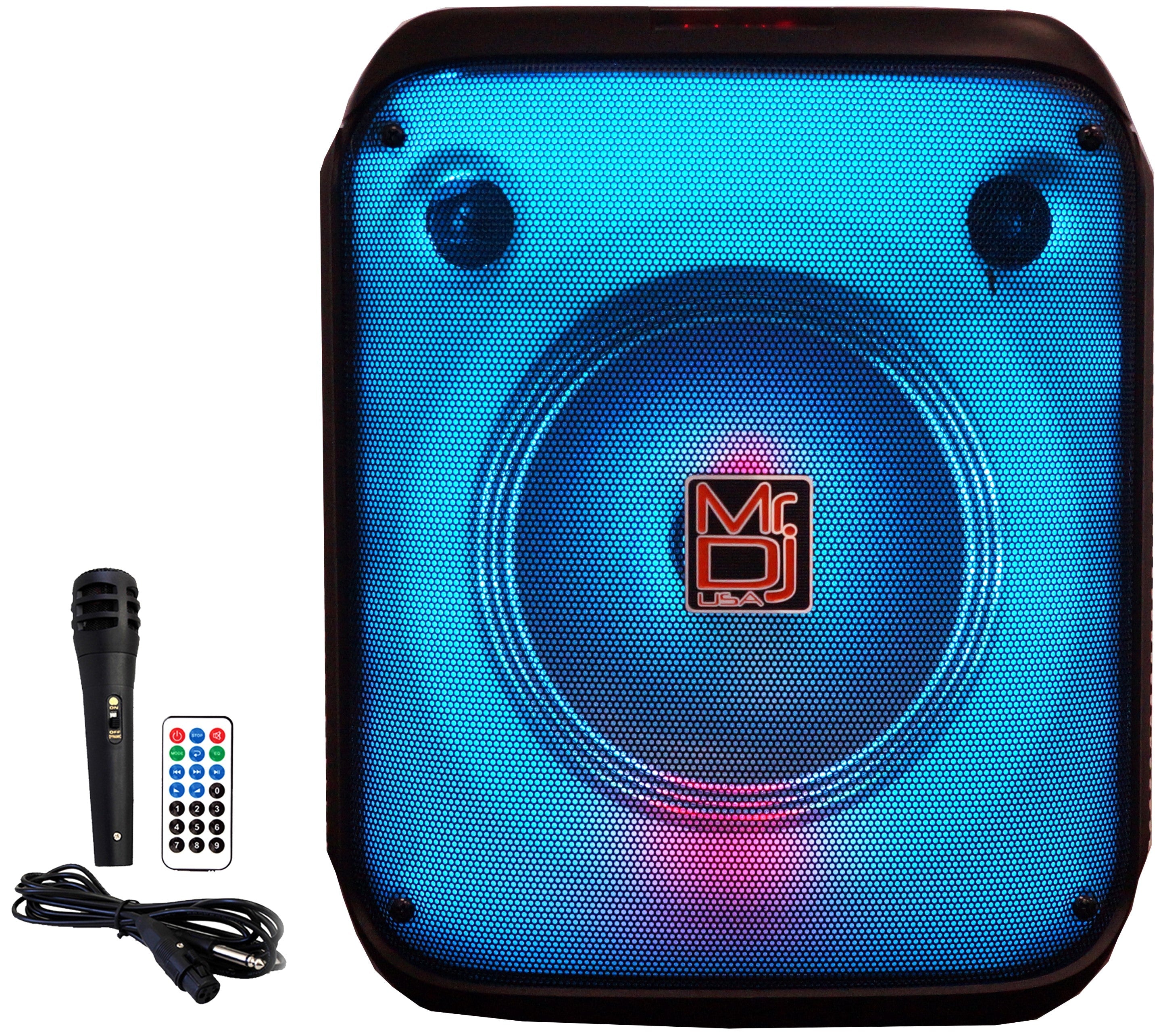 MR DJ CUBE8 8" Rechargeable Portable Bluetooth Karaoke Speaker with Party Flame Lights Microphone TWS USB FM Radio