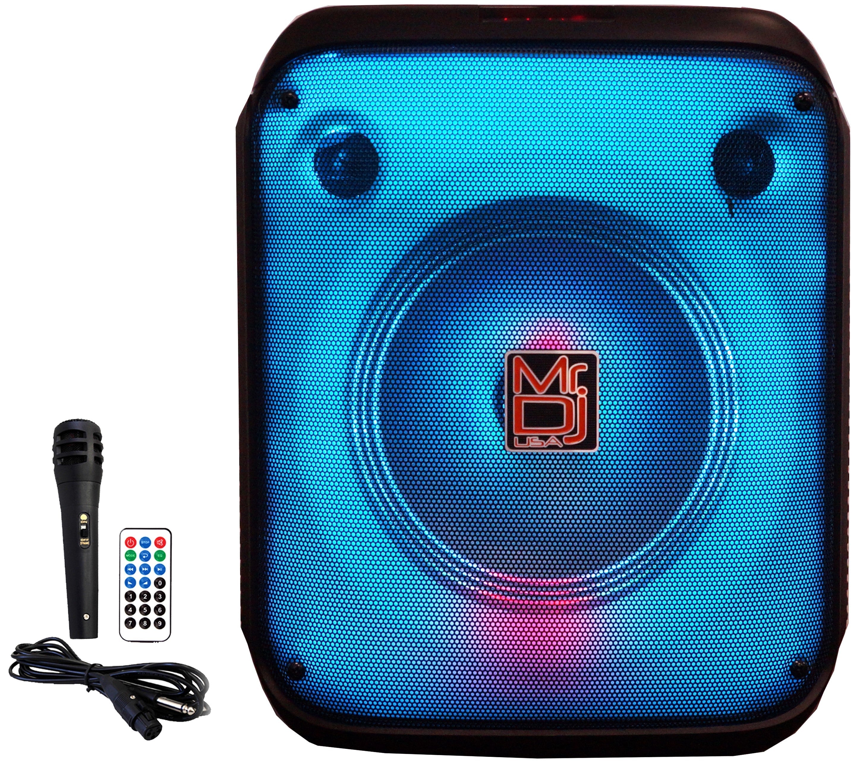 2 MR DJ CUBE8 8" Rechargeable Portable Bluetooth Karaoke Speaker with Party Flame Lights Microphone TWS USB FM Radio