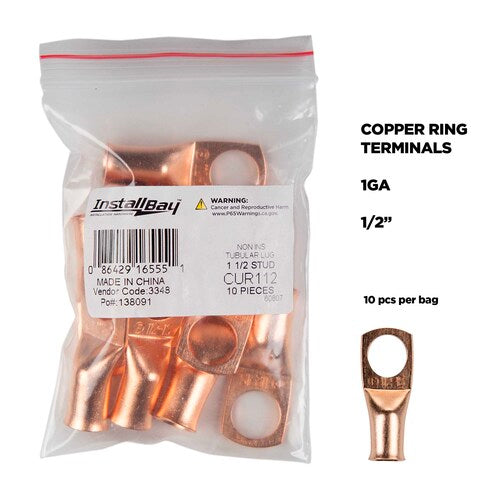 Install Bay CUR112 Uninsulated Ring Terminal 1 Gauge 1/2 inch Copper 10 Pack