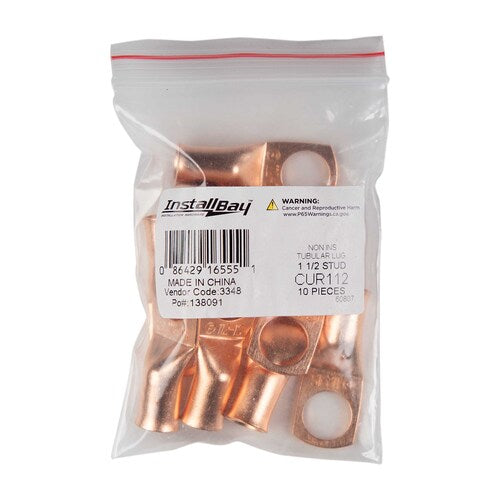 Install Bay CUR112 Uninsulated Ring Terminal 1 Gauge 1/2 inch Copper 10 Pack