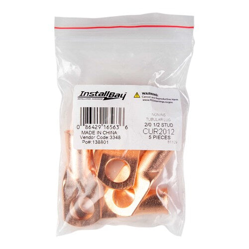 Install Bay CUR2012 Copper Uninsulated Ring Terminal 2/0 Gauge 1/2" 5/PK