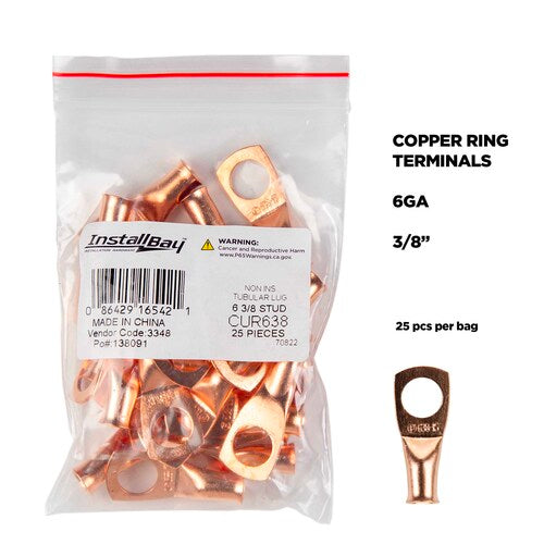 Install Bay CUR638 Copper Uninsulated Ring Terminal 6 Gauge 3/8 inch