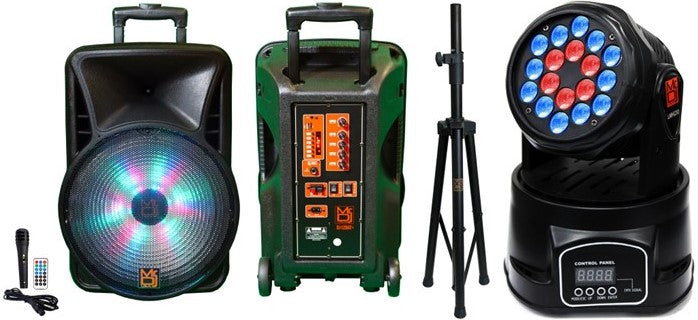 MR DJ DJ18BAT+ 18" Portable Bluetooth Speaker + Speaker Stand + 18-LED Moving Head DJ Light