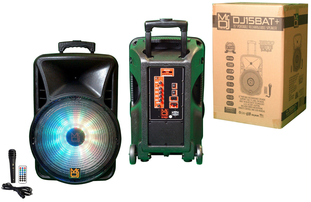 MR DJ DJ15BAT+ 15" Portable Bluetooth Speaker + Speaker Stand + 54-LED Slim Par Wash DJ Light