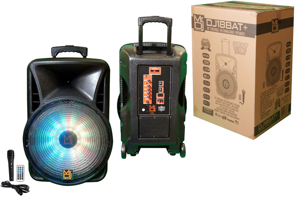 MR DJ DJ18BAT+ 18" Portable Bluetooth Speaker + Speaker Stand + 18-LED Slim Par Wash DJ Light