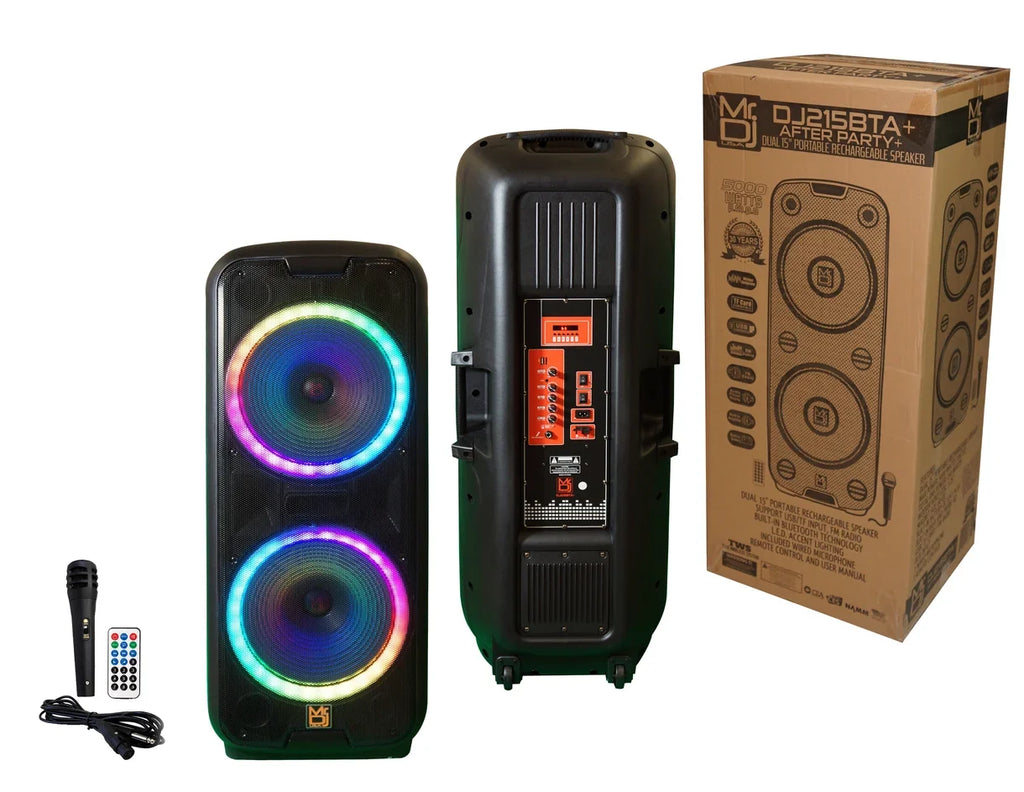 MR DJ AFTERPARTY Dual 15" Bluetooth Speaker<br/>Dual 15" Battery Powered Bluetooth Speaker, UHF Wireless Microphone Party Speaker