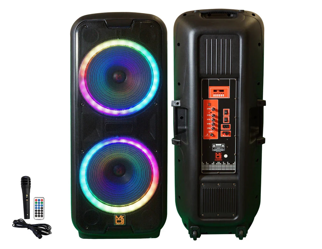 MR DJ AFTERPARTY Dual 15" Bluetooth Speaker<br/>Dual 15" Battery Powered Bluetooth Speaker, UHF Wireless Microphone Party Speaker