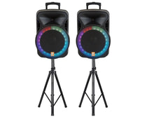 Load image into Gallery viewer, MR DJ PARTY PACK Dual 15" Active Bluetooth PA Speaker Package 2 Speaker Stands DSP LED Lights TWS USB/SD FM Radio Wired Microphones Speaker Cables