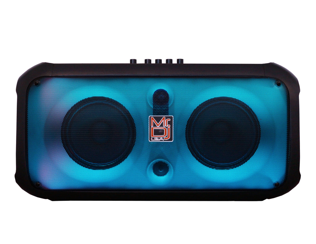 MR DJ FIRE-FLAME 6.5" X 2 Rechargeable Portable Bluetooth Karaoke Speaker with Party Flame Lights Microphone TWS USB FM Radio