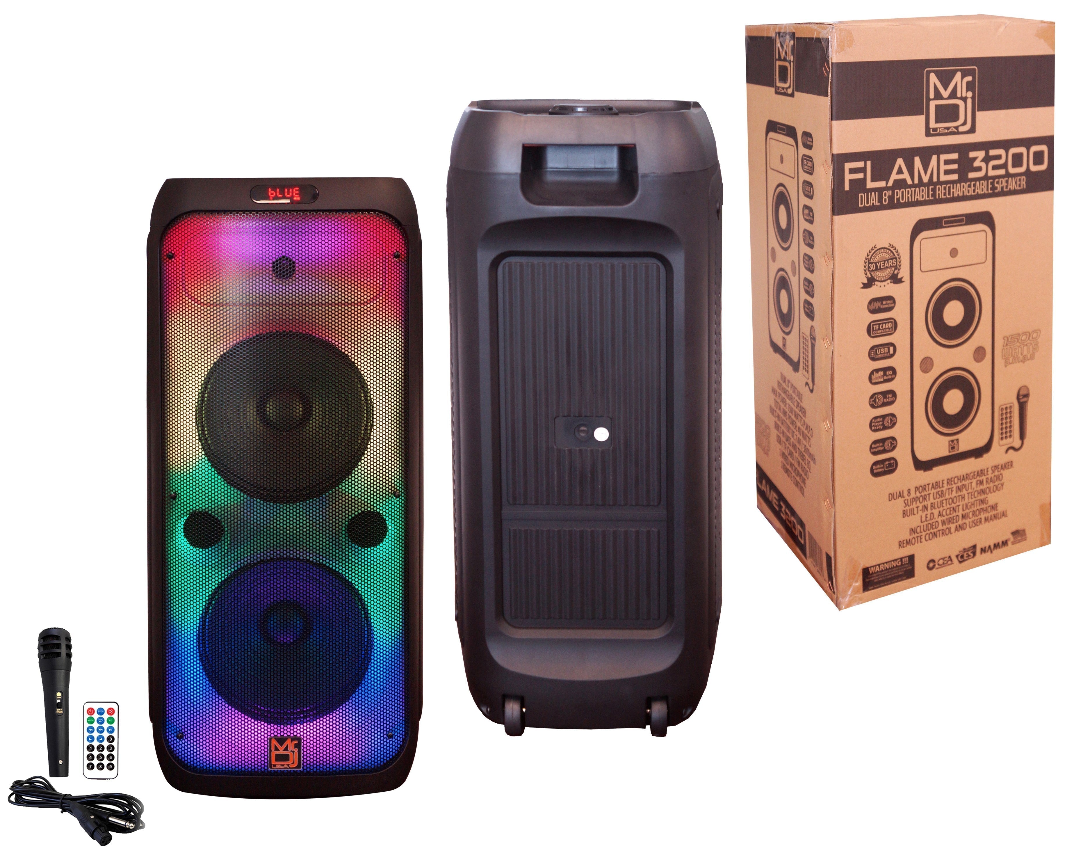 MR DJ FLAME3200 8" X 2 Rechargeable Portable Bluetooth Karaoke Speaker with Party Flame Lights Microphone TWS USB FM Radio + 7-LED Moving Head DJ Light