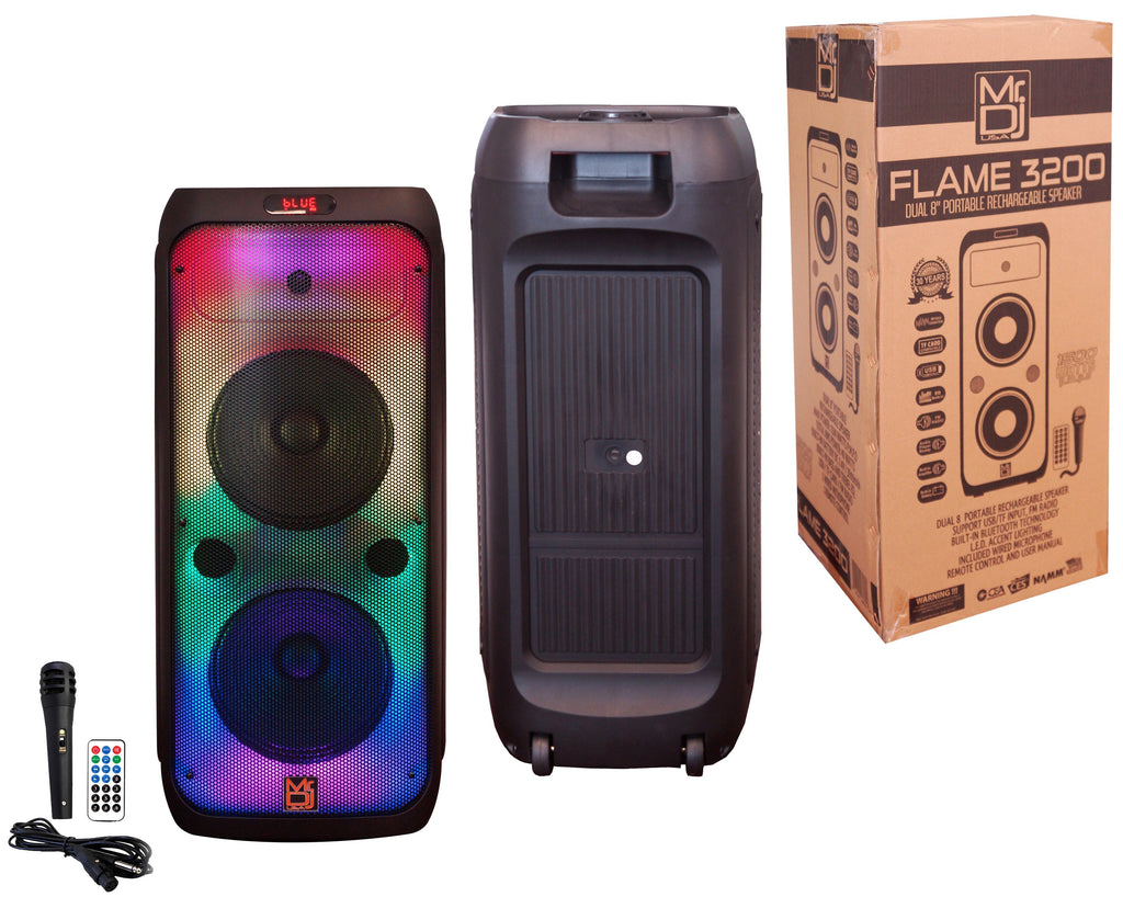 MR DJ FLAME3200 8" X 2 Rechargeable Speaker + Party Flame Lights Microphone TWS USB FM Radio + LED Crystal Magic Ball