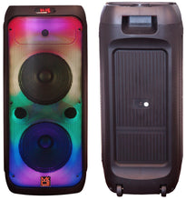 Load image into Gallery viewer, MR DJ FLAME3200 8" X 2 Rechargeable Portable Bluetooth Karaoke Speaker with Party Flame Lights Microphone TWS USB FM Radio + LED Crystal Magic Ball