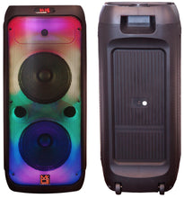Load image into Gallery viewer, MR DJ FLAME3200 8" X 2 Rechargeable Portable Bluetooth Karaoke Speaker with Party Flame Lights Microphone TWS USB FM Radio + 18-LED Moving Head DJ Light