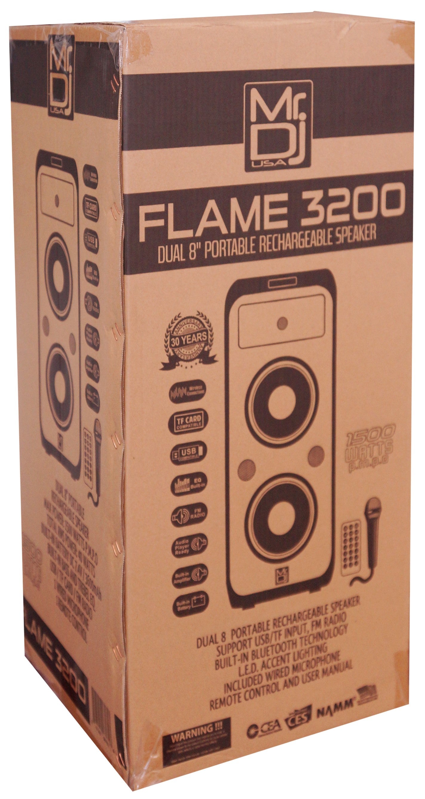 MR DJ FLAME3200 8" X 2 Rechargeable Portable Bluetooth Karaoke Speaker with Party Flame Lights Microphone TWS USB FM Radio + LED Crystal Magic Ball