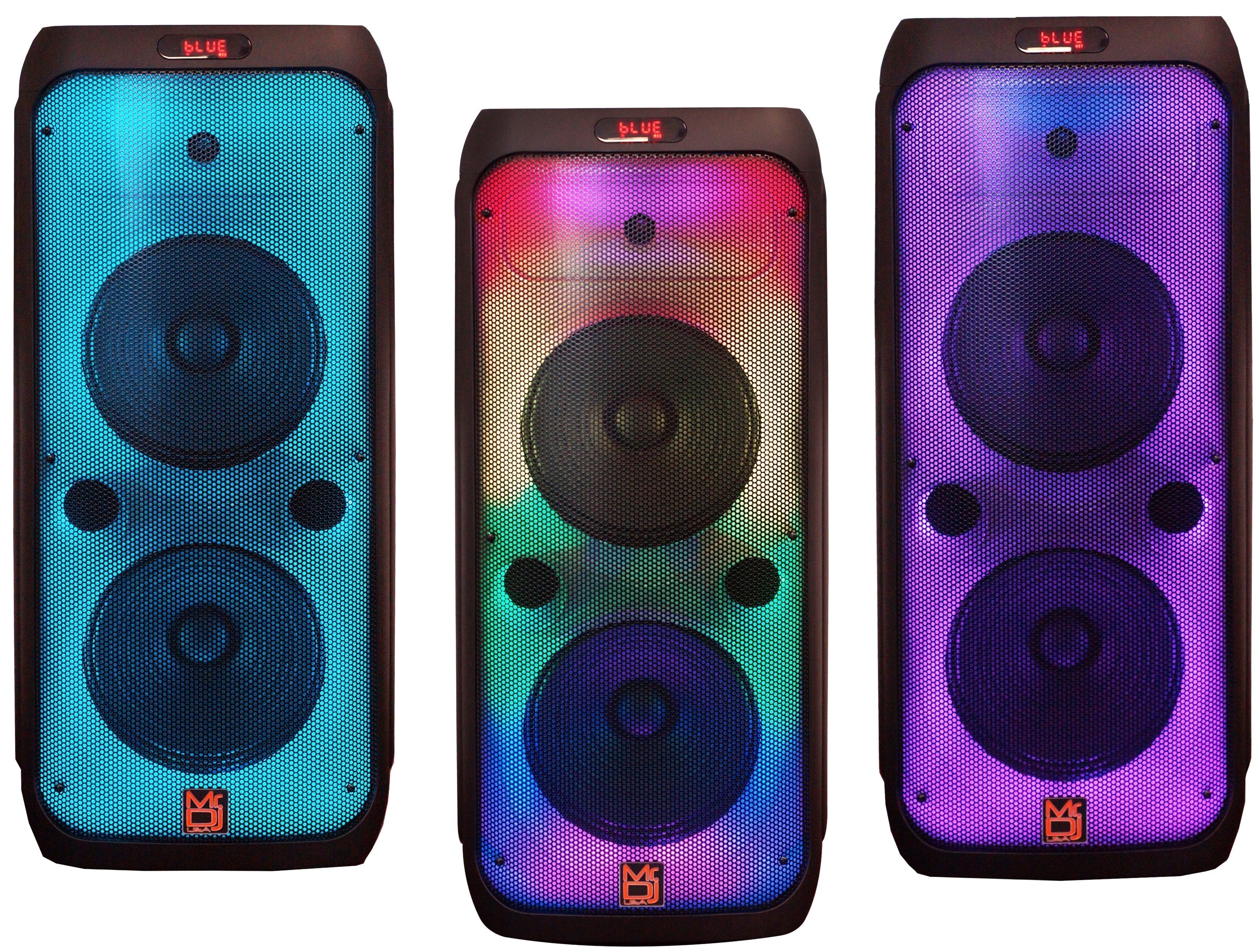 MR DJ FLAME3200 8" X 2 Rechargeable Portable Bluetooth Karaoke Speaker with Party Flame Lights Microphone TWS USB FM Radio + 7-LED Moving Head DJ Light