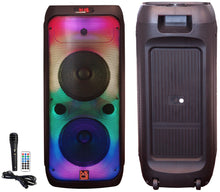 Load image into Gallery viewer, MR DJ FLAME3200 8" X 2 Rechargeable Portable Bluetooth Karaoke Speaker with Party Flame Lights Microphone TWS USB FM Radio + 18-LED Moving Head DJ Light