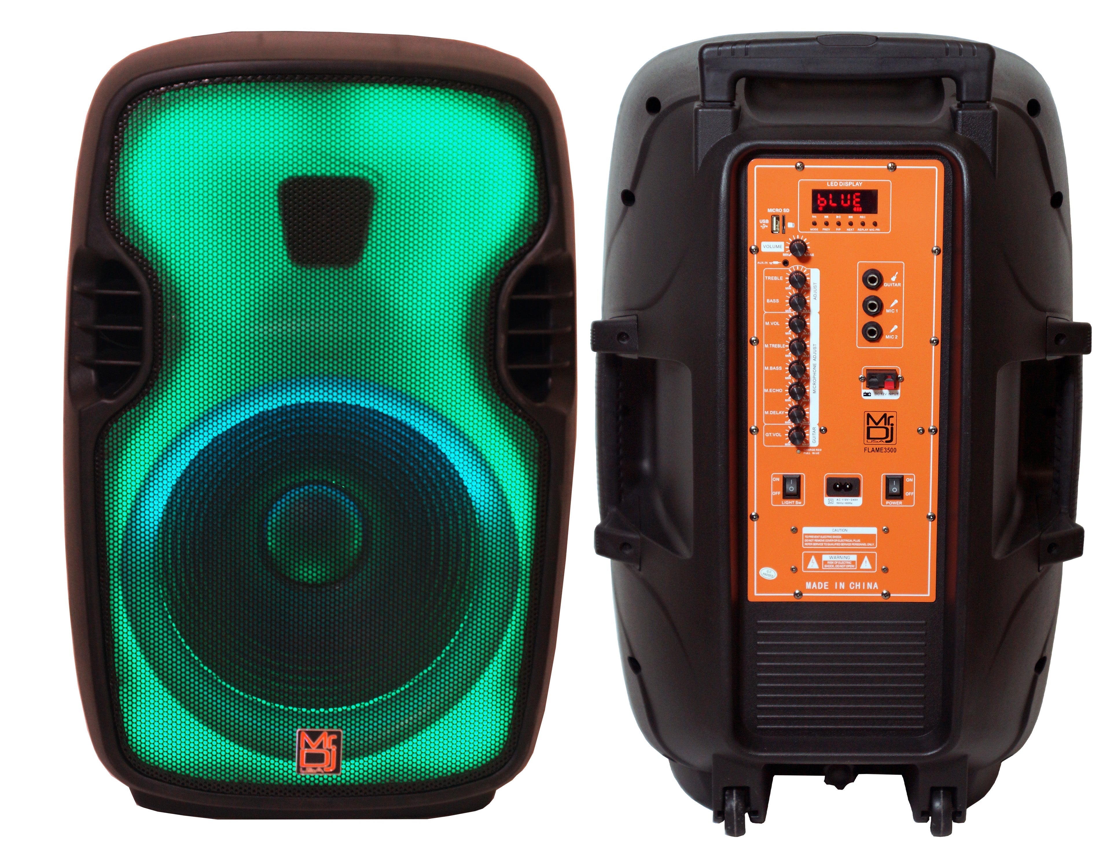 2 MR DJ FLAME3500LED PRO Portable 15” 2-Way Full-Range Powered/Active DJ PA Multipurpose Live Sound Bluetooth Loudspeaker