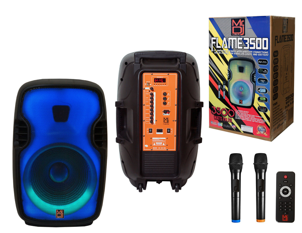 MR DJ FLAME3500LED PRO Portable 15" 2-Way Full-Range Powered/Active DJ PA Speaker with Stand