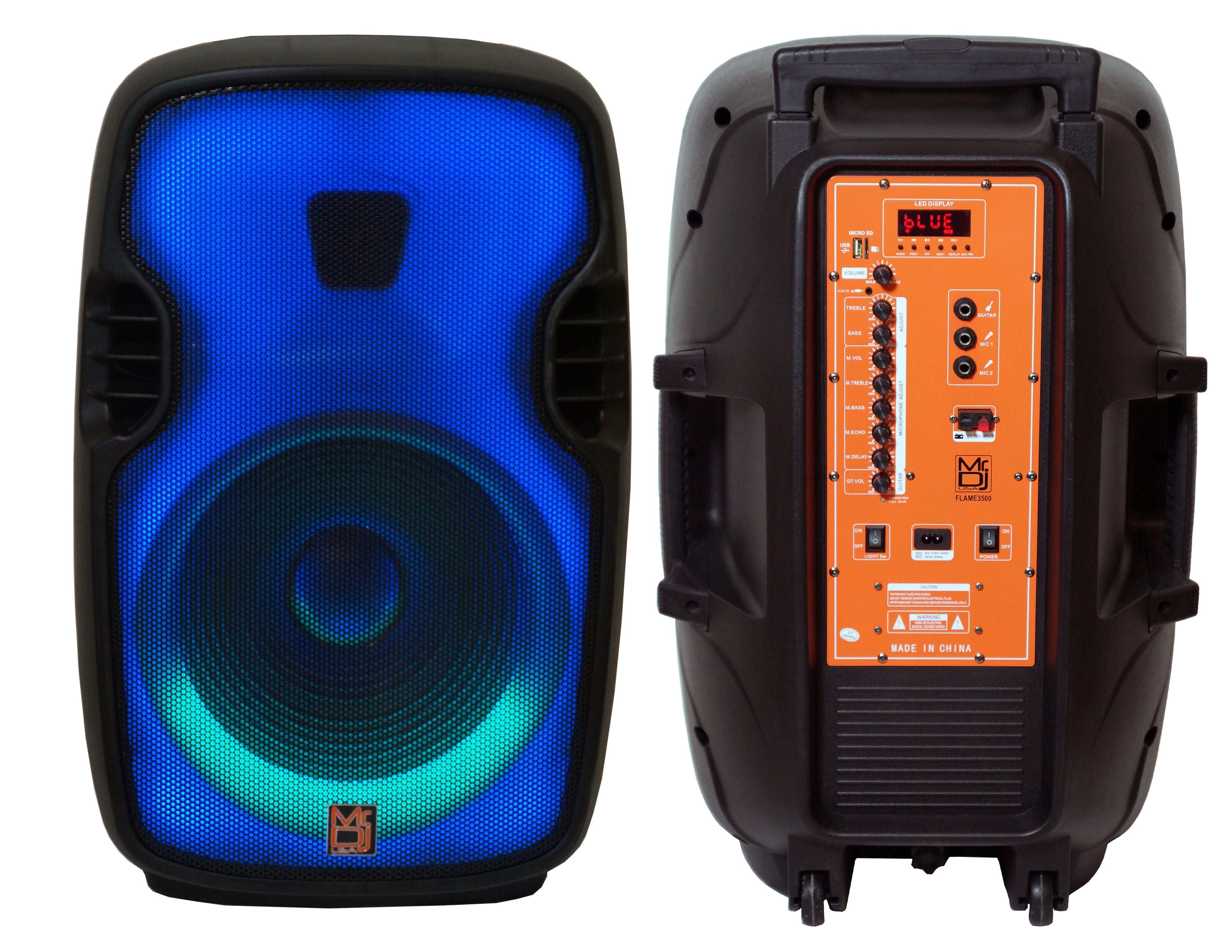 2 MR DJ FLAME3500LED PRO Portable 15” 2-Way Full-Range Powered/Active DJ PA Multipurpose Live Sound Bluetooth Loudspeaker