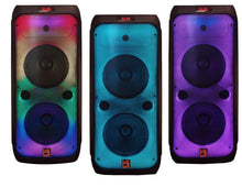 Load image into Gallery viewer, MR DJ FLAME4200 10" X 2 Rechargeable Portable Bluetooth Karaoke Speaker with Party Flame Lights Microphone TWS USB FM Radio + 18-LED Moving Head DJ Light
