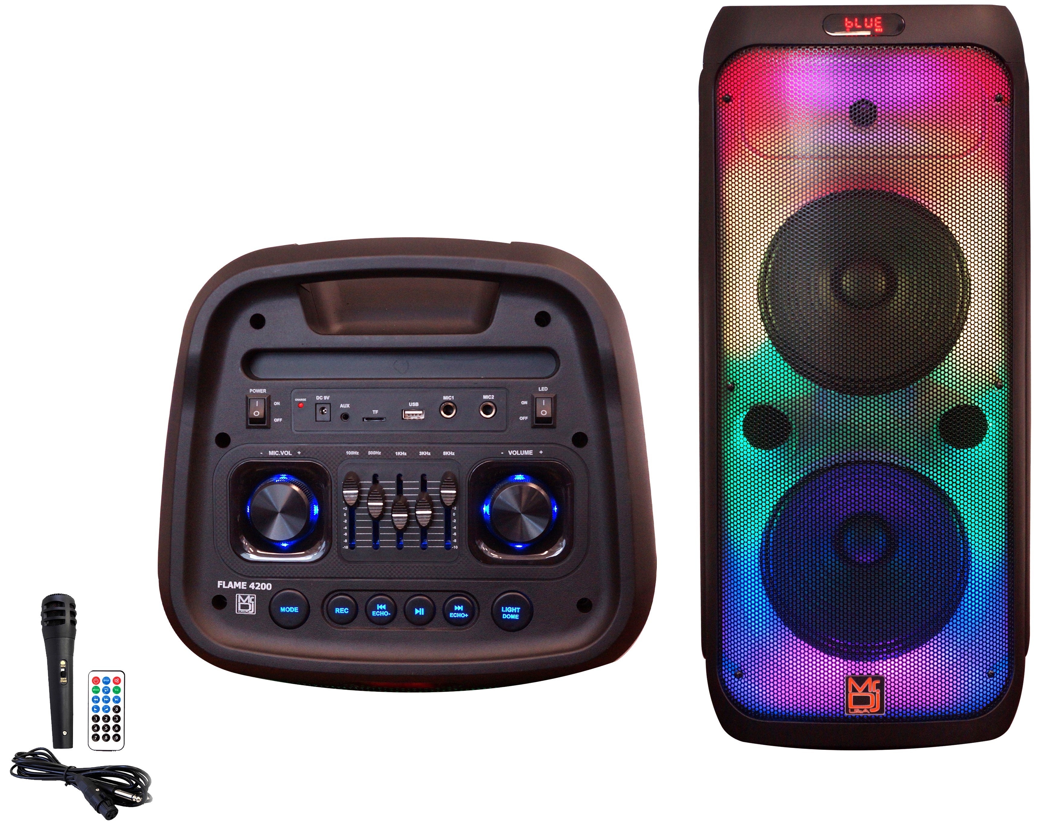 MR DJ FLAME4200 10" X 2 Rechargeable Portable Bluetooth Karaoke Speaker with Party Flame Lights Microphone TWS USB FM Radio + LED Crystal Magic Ball