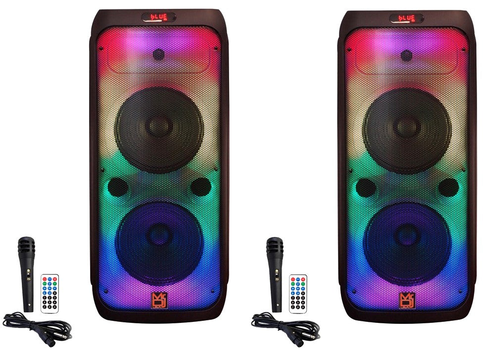 2 MR DJ FLAME3200 8" X 2 Rechargeable Bluetooth Karaoke Speaker Flame Lights Mic