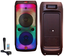 Load image into Gallery viewer, MR DJ FLAME4200 10" X 2 Rechargeable Portable Bluetooth Karaoke Speaker with Party Flame Lights Microphone TWS USB FM Radio + 18-LED Moving Head DJ Light